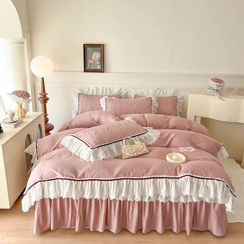 DecorBites™ Lace Ruffles Bedding Set: 4pcs Solid Color Princess Quilt Cover, Bed Skirt, 100% Cotton Pillowcase