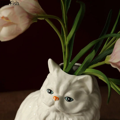 DecorBites™ Ceramic White Cat Vase for Desk Decor and Artificial Flowers Arrangement