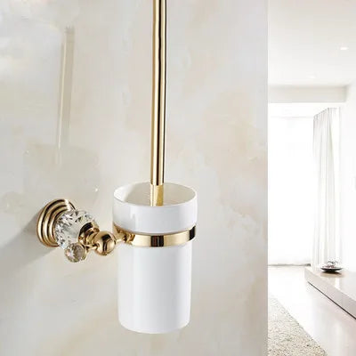 DecorBites™ Brass and Crystal Bathroom Accessories Set: Shelf, Robe Hook, Paper Holder, Brush Holder