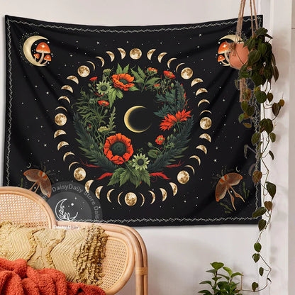 Decobites Moon Phase Flower Moth Tapestry: Psychedelic Floral Boho Wall Decor