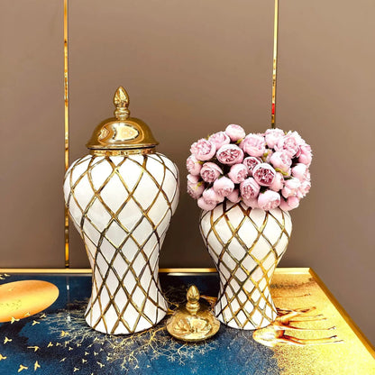 DecorBites™ Gold Diamond Porcelain Vase: Elegant Ceramic Home Decoration & Storage Jar
