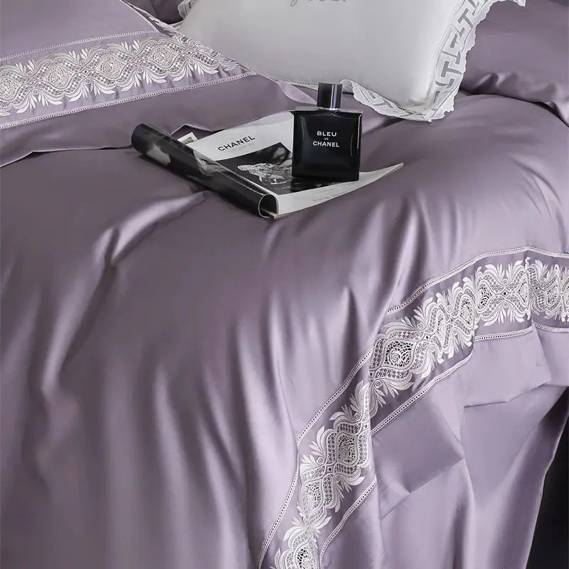 Decobites 1200TC Egyptian Cotton Lace Embroidery Bedding Set: 1 Duvet, 1 Sheet, 2 Pillowcases