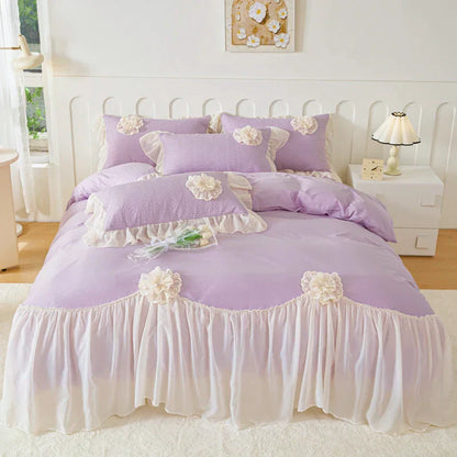 Decobites Princess Style Cotton Bedding Set with Flowers, Lace Ruffles, and Quilted Details