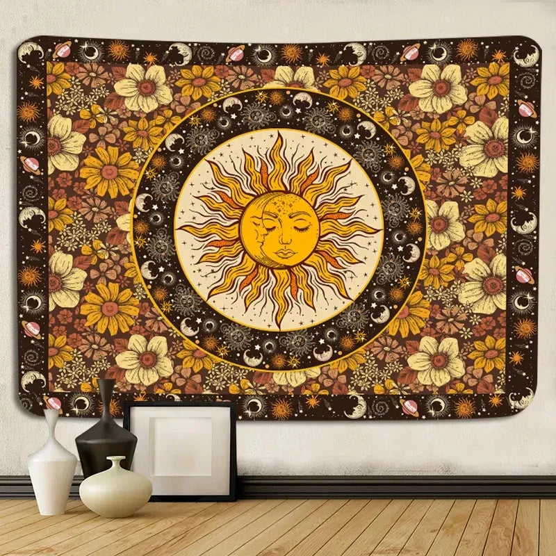 Decobites Sun Moon Vintage Boho Wall Tapestry Sunflowers Constellation Aesthetic