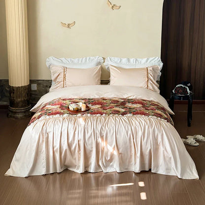 Decobites 100S Cotton Vintage Jacquard Lace Ruffles Print Bedding Set