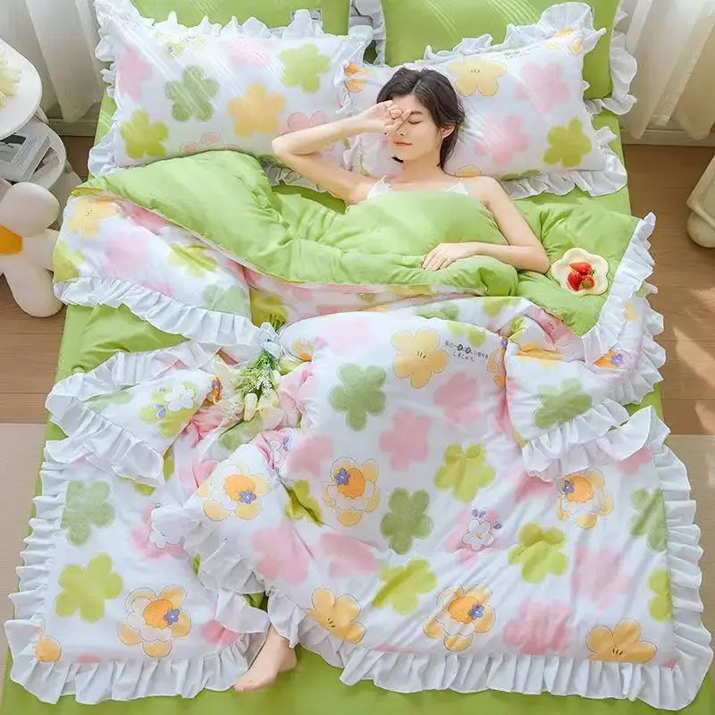 DecorBites™ Korean Princess Ruffles Embroidered Quilt Set