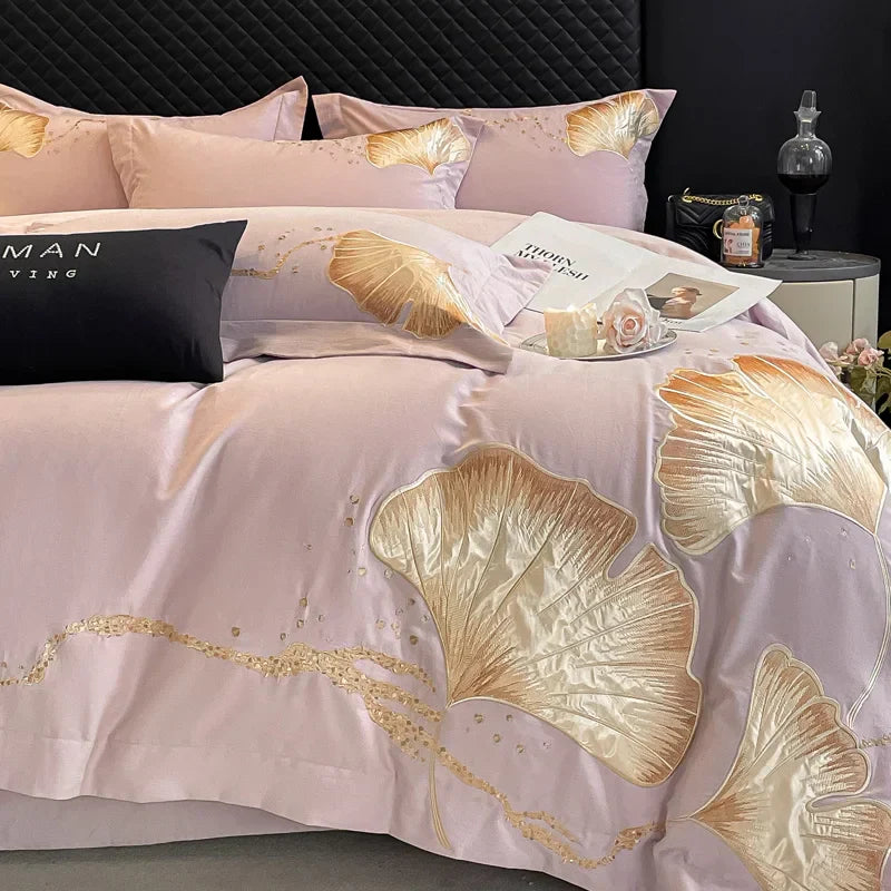 Juego de Ropa de Cama con Bordado de Hoja de Ginkgo Oro Decorbites™ - Lujo 100% Algodón 4 Piezas