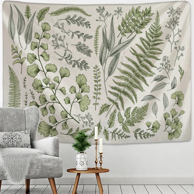 Decobites Botanical Tapestry Wall Hanging Fern Leaves Boho Nature Aesthetic Room Decor