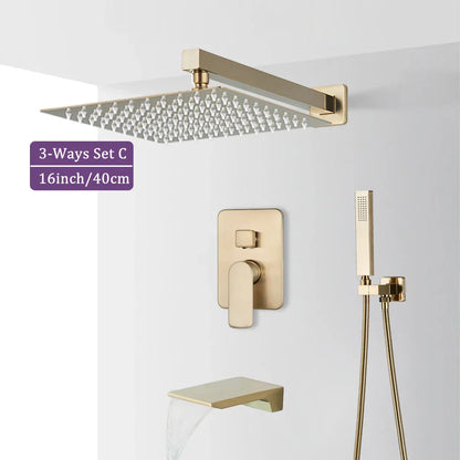 DecorBites™ Brushed Gold Shower Faucet Set 2/3 Way Rainfall Bathtub Mixer Wall Mounted Box