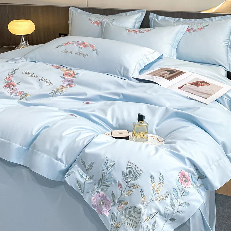 Decobites Luxury Flowers Embroidery Bedding Set: Duvet Cover, Sheet, Pillowcases