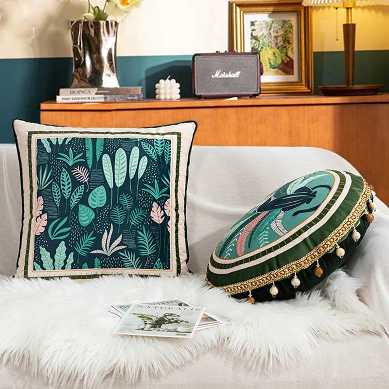 DecorBites™ Green Leaves Moss Printed Velvet Cushion Cover for Home Decor