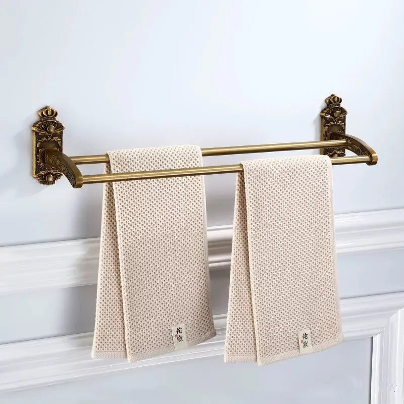 DecorBites™ Bronze Carved Bath Accessories Set: Shelf, Towel Rack, Paper Holder, Toilet Brush Holder