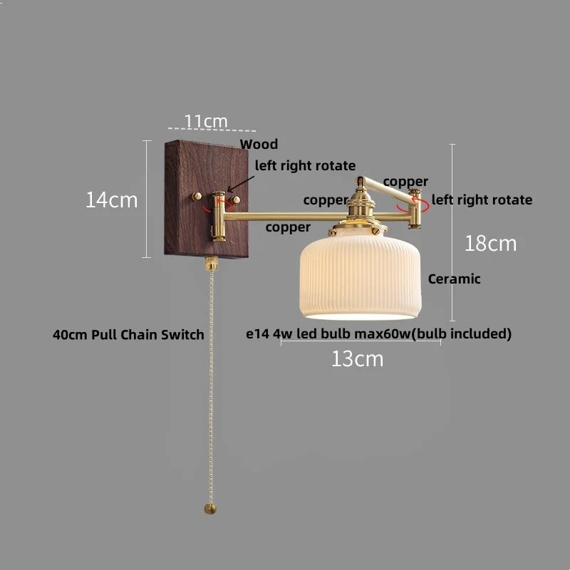 DecorBites™ Ceramic LED Wall Sconce with Walnut Wood Pull Chain Switch - Nordic Style