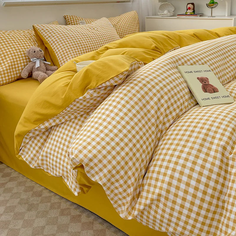 Decobites Plaid Queen Size 4Pcs Duvet Cover Set: Skin-Friendly Bedding for King, Single, Double Bed