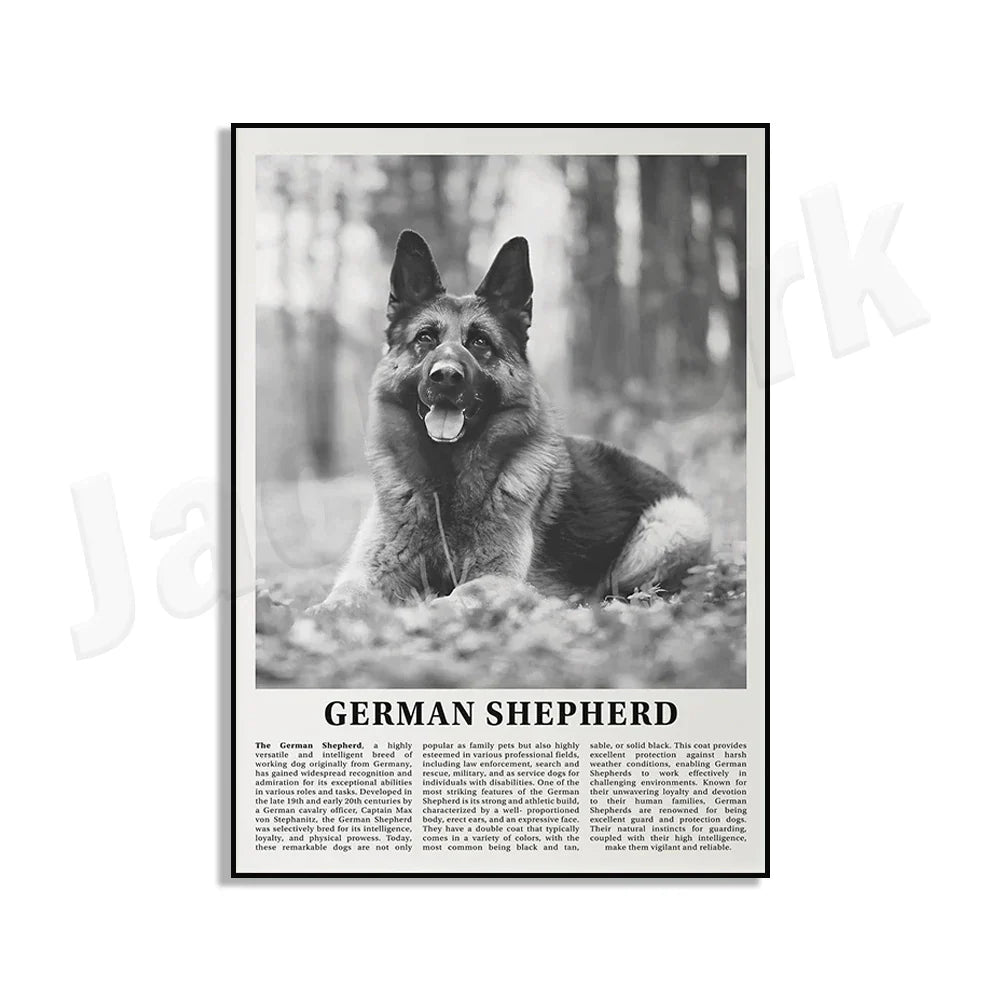 DecorBites™ Black & White Dog Breeds Poster: Greyhound, Cocker Spaniel, Akita, Malamute, Cattle Dog