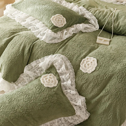 Decobites Luxe Carved Velvet Lace Ruffles Bedding Set with Quilted Bed Skirt