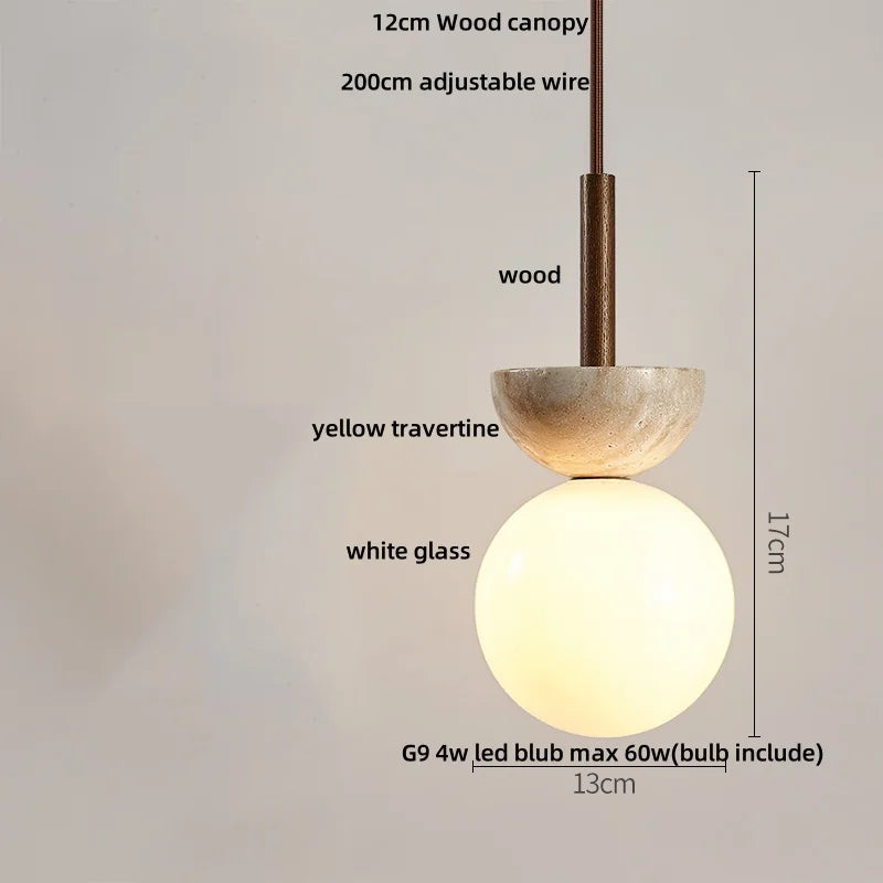 DecorBites™ LED Pendant Lamp White Glass Ball Yellow Travertine Hanging Light