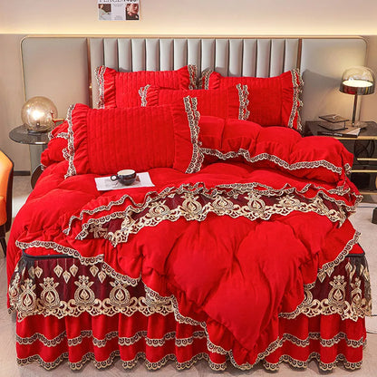 Decobites Velvet Bedding Set with Gold Lace Ruffles, Removable Bed Skirt & Pillowcase