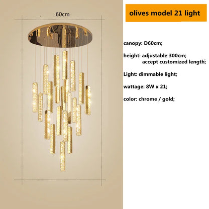 DecorBites™ Gold Chrome Steel Crystal Pendant Lights with Dimmable LED for Villa Stair