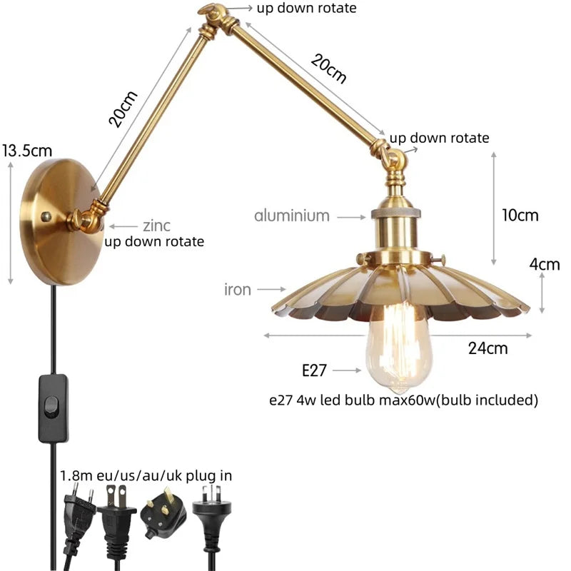 Lámpara de pared LED industrial Gold™ Decorbites con interruptor de cadena para decoración del hogar