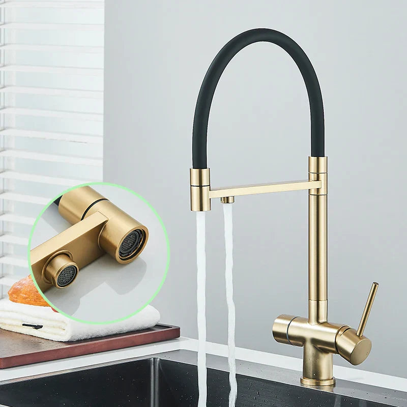 DecorBites™ Brushed Gold 360 Rotate Pull Out Kitchen Filter Faucet with Dual Handle