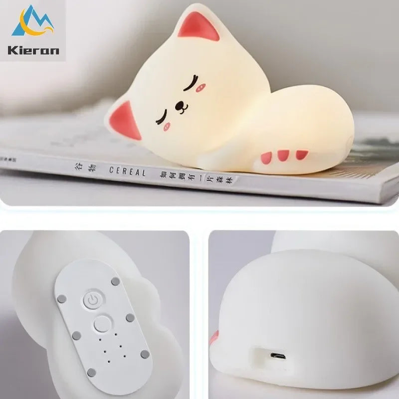 DecorBites™ Cat LED Night Light - USB Rechargeable, Seven Colors, Soft Silicone