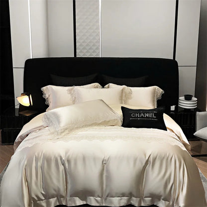 طقم فراش فاخر من DecorBites™ مصنوع من الدانتيل والحرير والقطن، مقاس كوين كينج