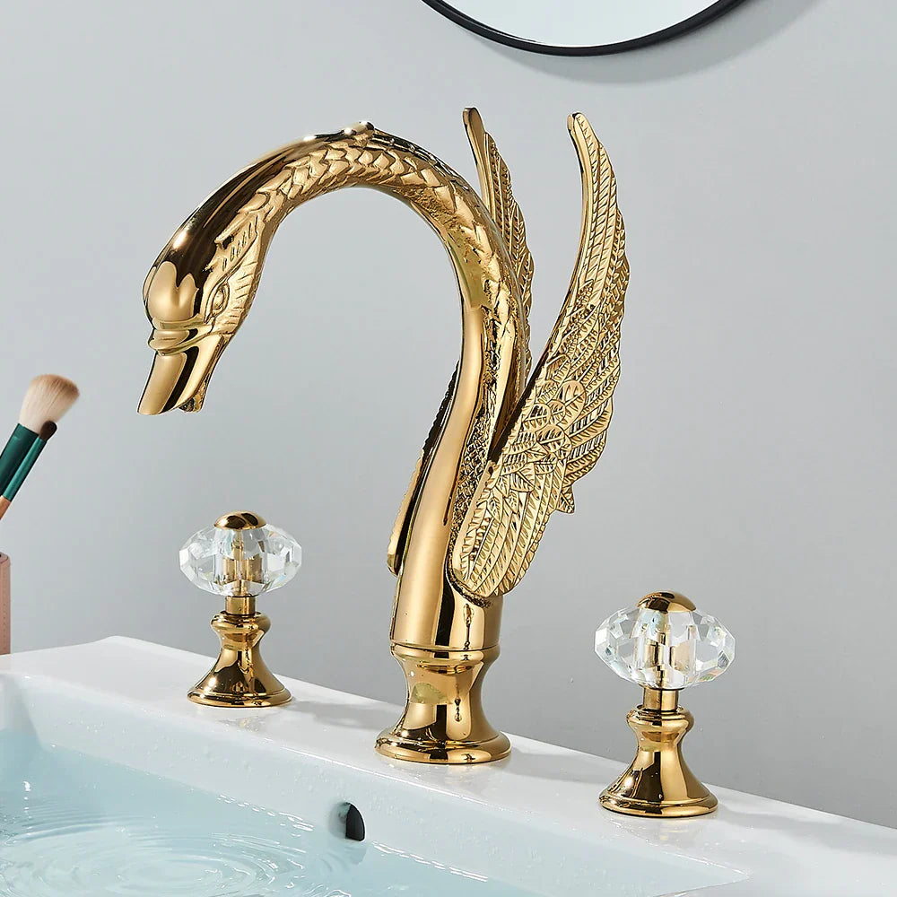 DecorBites™ Golden Swan Crystal Dual Handle Basin Tap