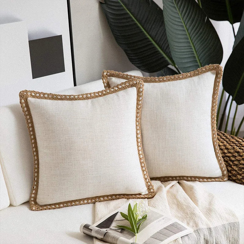 DecorBites™ Hemp Rope Edging Lotus Leaf Hug Pillowcase - Medium Cotton Linen Cushion Cover