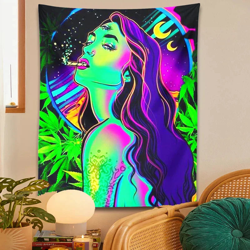 Decobites Moon Girl Smoke Tapestry: Psychedelic Hippie Trippy Leaves Aesthetics & Home Decor