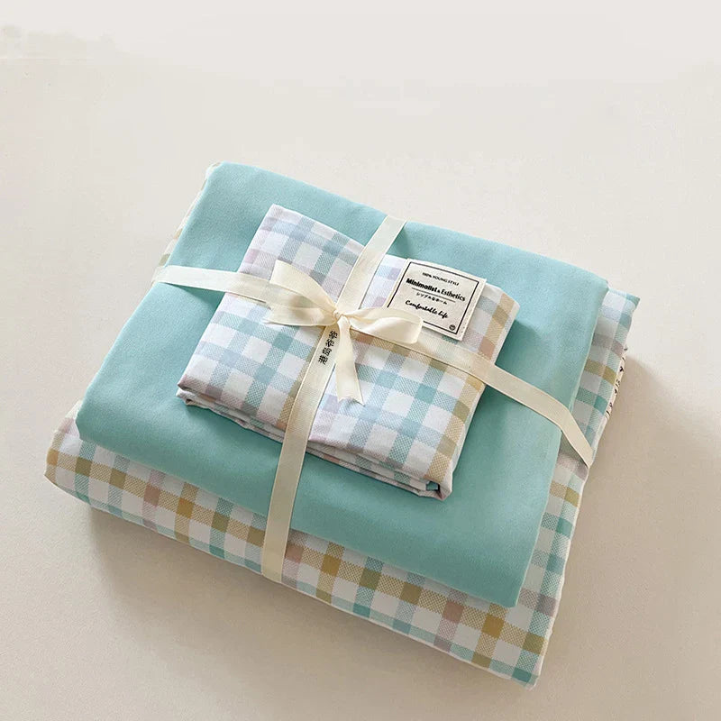 DecorBites™ Japanese Grid Printed Cotton Bedding Set in Queen/King for Cozy Sleep