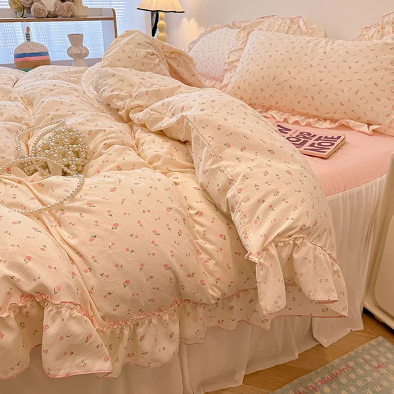 DecorBites™ Korean Princess Floral Print Bedding Set in Washed Cotton for Girls