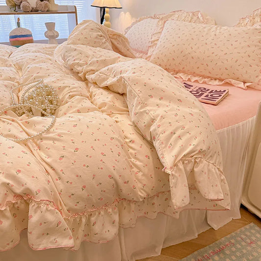 DecorBites™ Korean Princess Floral Print Bedding Set in Washed Cotton for Girls