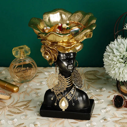 DecorBites™ Black African Woman Resin Storage Figurine - Exotic Interior Decor Statue