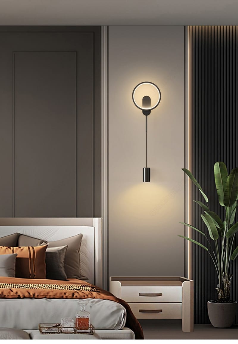 modern nordic led wall lamp bedroom sconce featuring a sleek black gold metal frame with warm ambient lighting in a circular design.