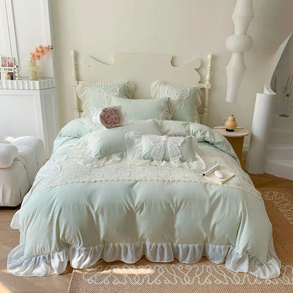 Decobites Romantic Lace Ruffles Bedding Set with Bow Decoration - Pink Girls Duvet Cover Set