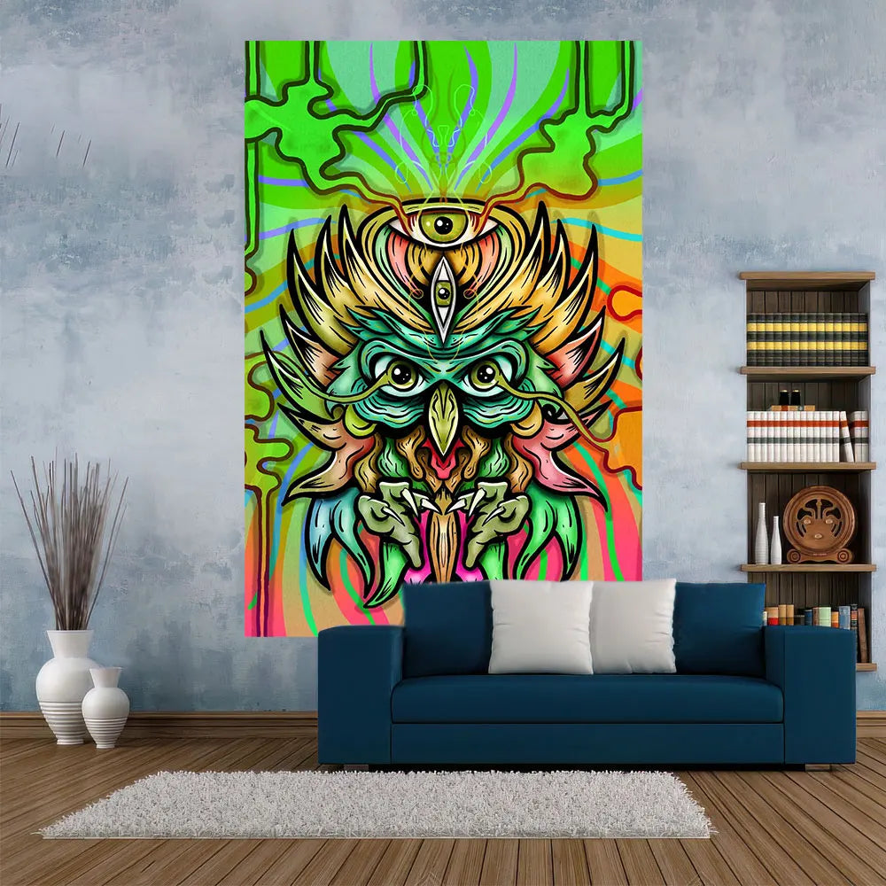 Decobites Psychedelic Owls Tapestry: Dark & Colorful Evil Style Wall Decor for Home & Yoga