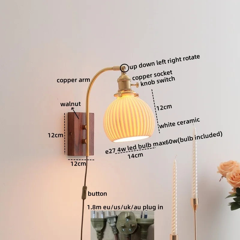 DecorBites™ Ceramic Walnut LED Wall Lights Modern Bedside Lamp - Knob Switch
