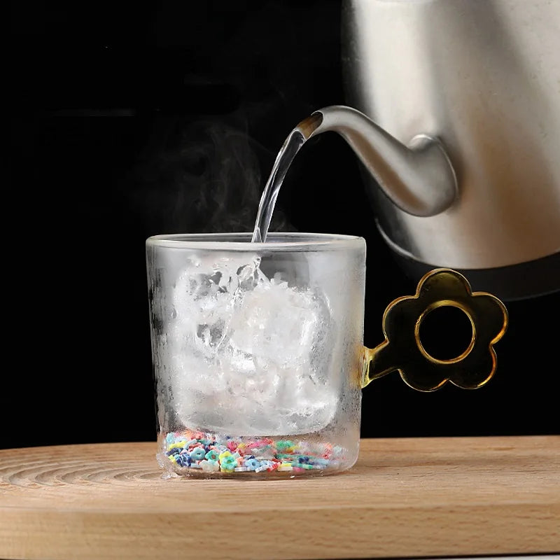 DecorBites™ 250ml Double Wall Glass Mug with Glitter Flowers and Flower Handle