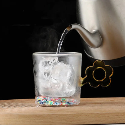 DecorBites™ 250ml Double Wall Glass Mug with Glitter Flowers and Flower Handle