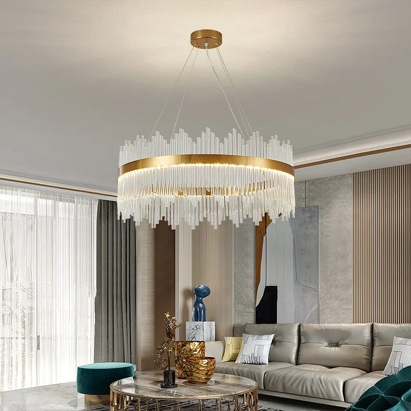 DecorBites™ Crystal Rod Round Chandelier: Modern Nordic Light for Living Room, Bedroom, Dining Room, Kitchen