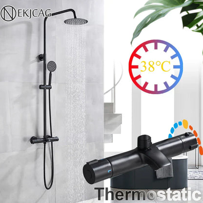 DecorBites™ Black Shower Faucet Set with Thermostatic Control and 8" Rainfall Head