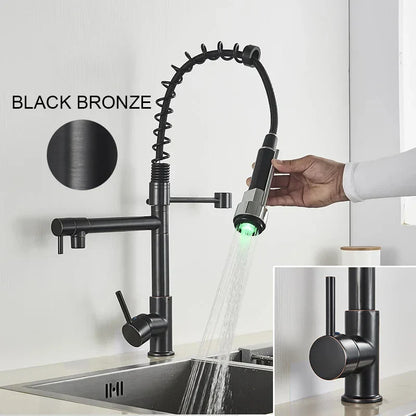 DecorBites™ LED Brushed Kitchen Faucet with Pull-Down Spring, Single Handle Swivel Spout