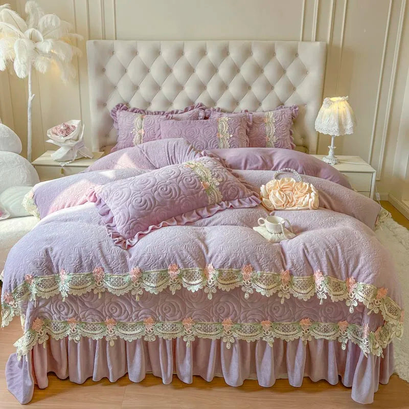 Decobites Pink Flowers Lace Ruffles Princess Velvet Bedding Set