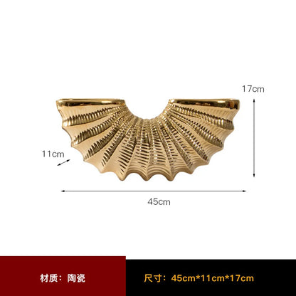 DecorBites™ Golden Shell Ceramic Vase | Geometric Design | Living Room Decoration