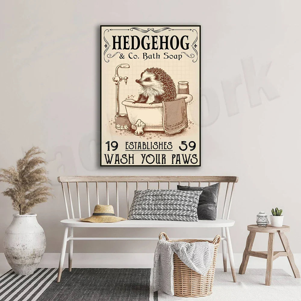 DecorBites™ Hedgehog Bath Soap Paws Poster - Funny Bathroom Decor