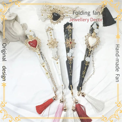 DecorBites™ Elegant Gemstone Handle Lace Fan for Dark Gothic Court Party