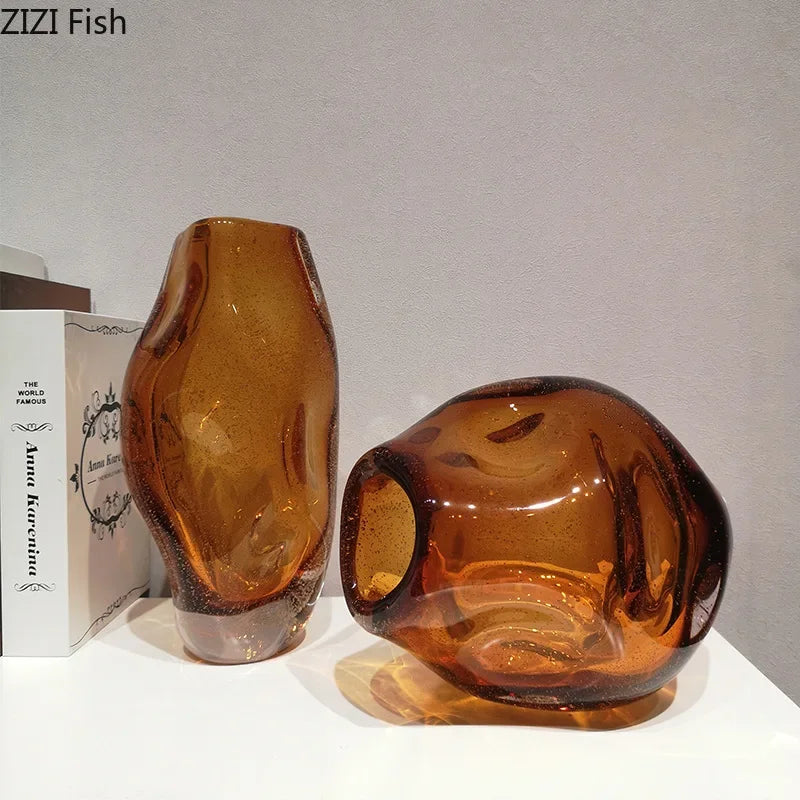 DecorBites™ Amber Glass Vase & Artificial Flower Desk Decoration for Room Aesthetic