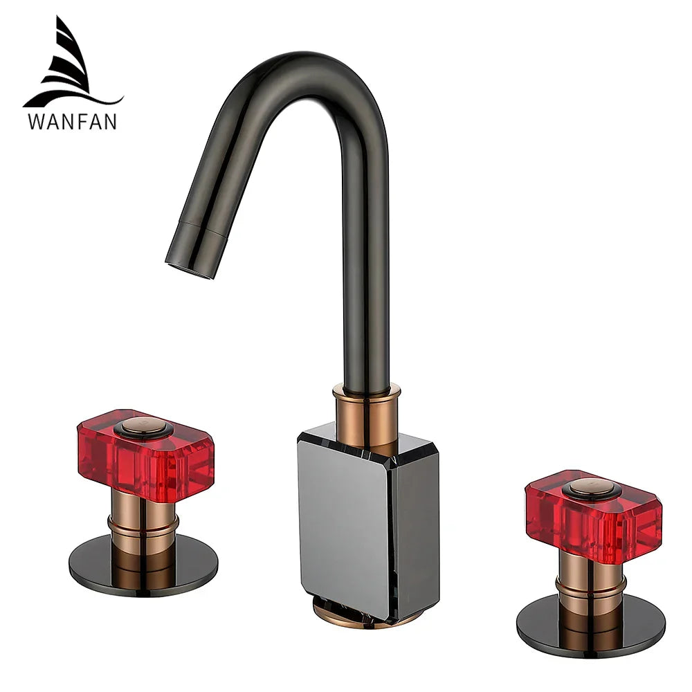 DecorBites™ Gray Brass Basin Faucets, Deck Mounted Double Handle Bathroom Sink Tap