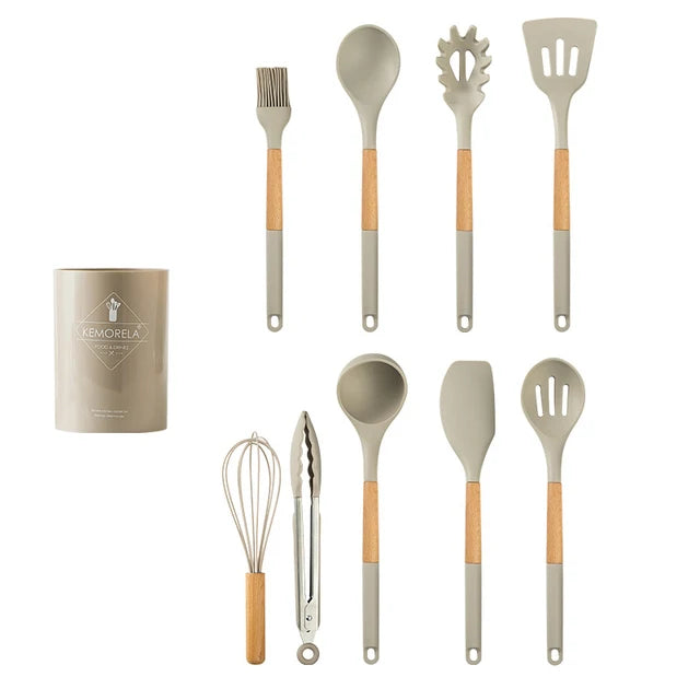مجموعة أدوات طهي المطبخ المصنوعة من السيليكون من ديكوربايتس™، 10/13 قطعة - مقاومة للحرارة العالية، غير لاصقة، بمقبض خشبي